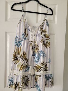 Womens Size Medium Tropical Leaf Print Sundress - White, Olive & Teal